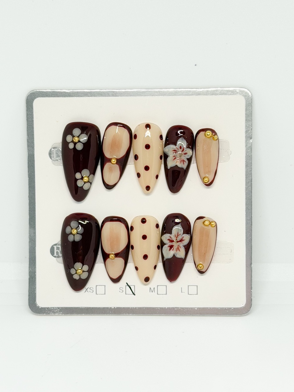 Classic Burgundy & Nude Floral Press-On Nail Set